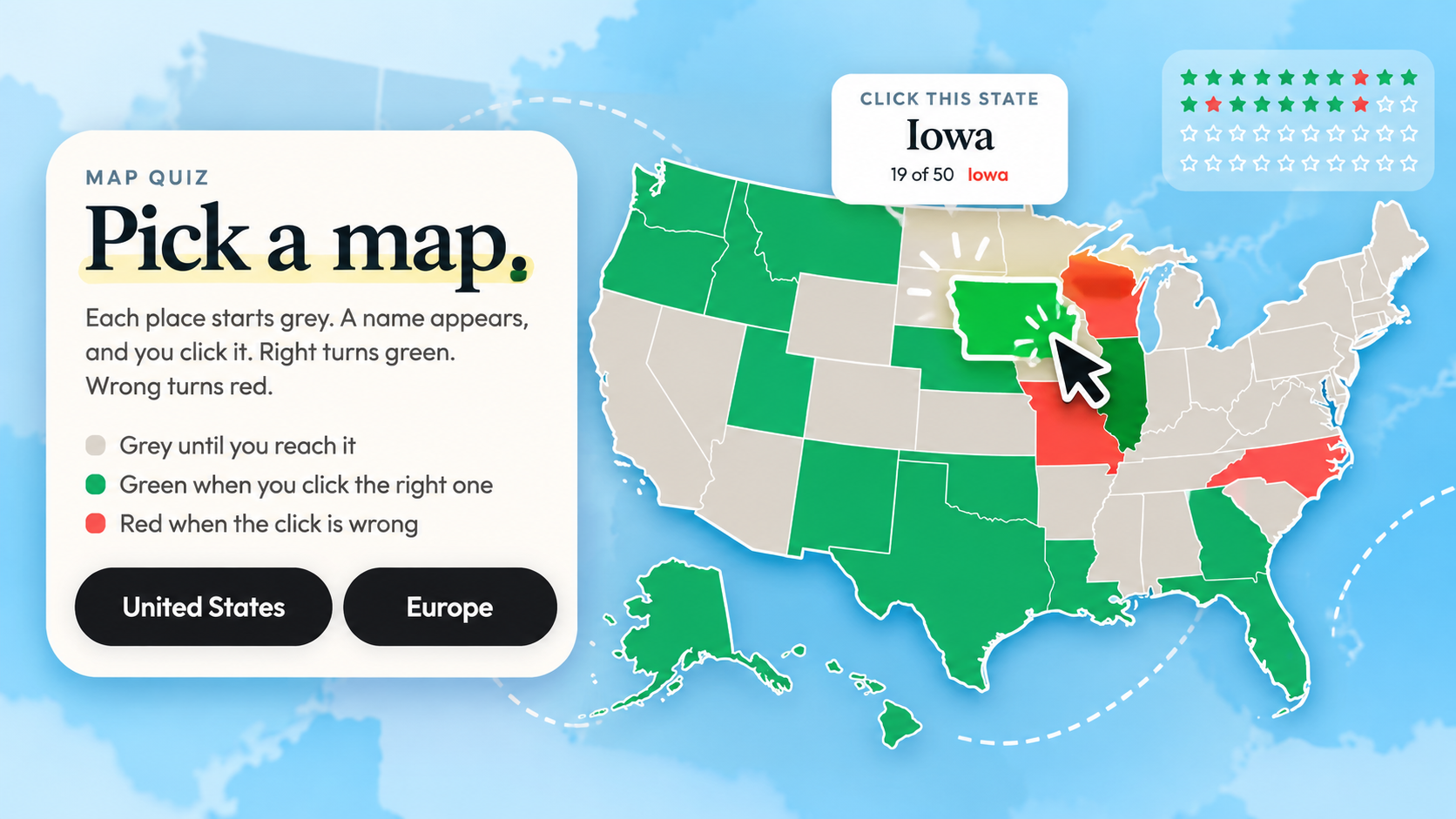 Map quiz start screen with the United States map